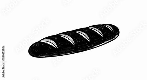 Black and white illustration of a long loaf of bread with scoring