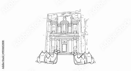 Line drawing of ancient facade carved into sandstone, with camels resting before it