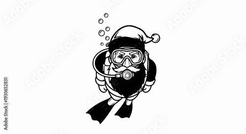 Black and white illustration of a man with a beard wearing a Santa hat and scuba gear