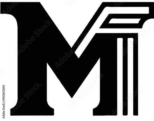 Bold black stylized letter M with white accents resembling architectural elements
