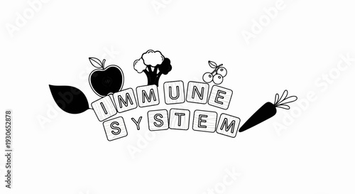 Healthy food icons support the phrase "Immune System" written in wooden blocks