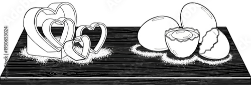 Heart-shaped cutters and eggs on a wooden surface