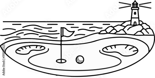 A seaside golf course with a lighthouse overlooking the ocean and sand traps