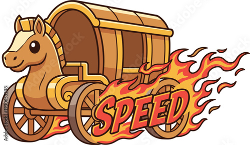 Cute 2D Vector Horse Drawn Chariot Character With Speed Flames And Wheels