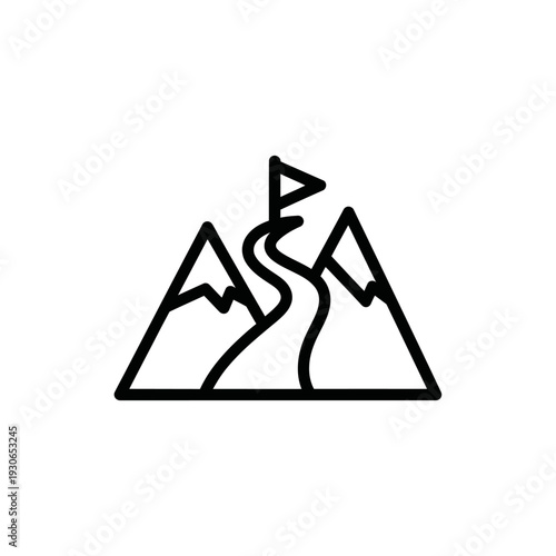 Minimalist Mountain Range Icon with Flag and Path for Adventure Illustration