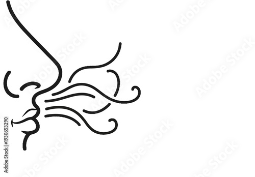 Abstract line art depicting a nose exhaling flowing lines representing breath or wind