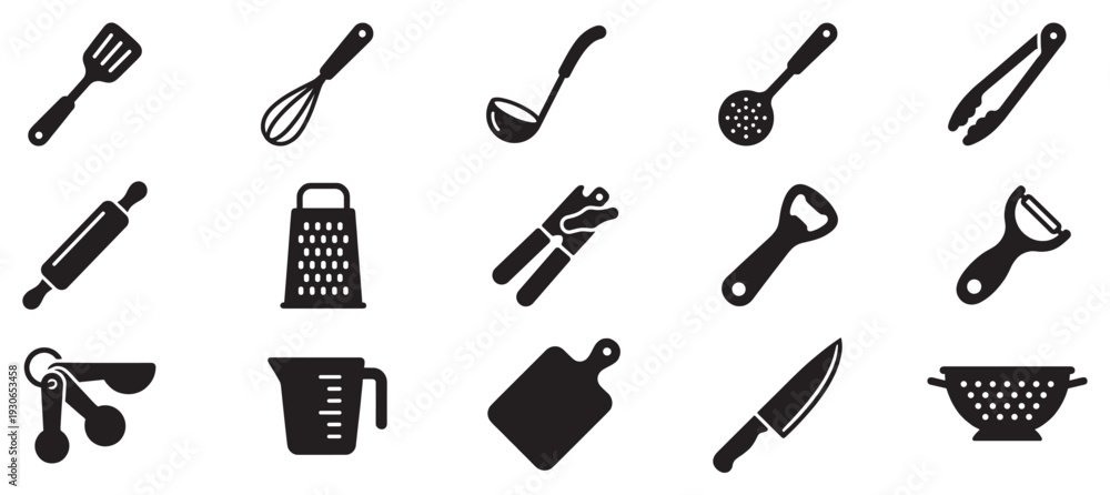 Obraz premium Various kitchen utensils and cooking tools collection presented as a set of black silhouette icons for culinary design.