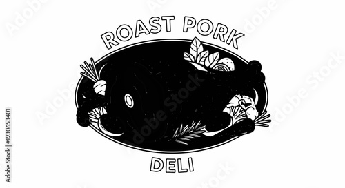 A black and white illustration of a roast pork with vegetables and herbs