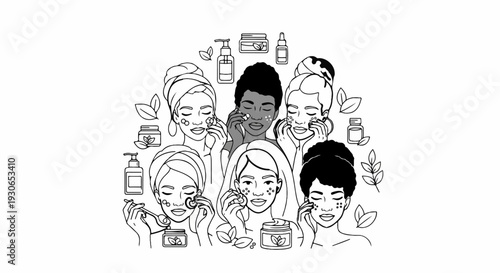 Diverse women engaged in self-care routines with beauty products and botanical elements