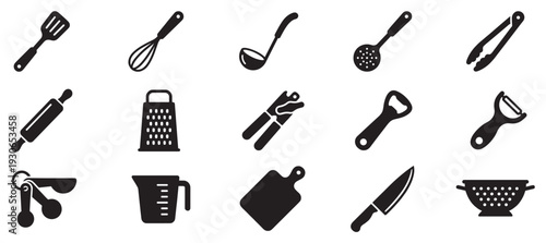 Various kitchen utensils and cooking tools collection presented as a set of black silhouette icons for culinary design.