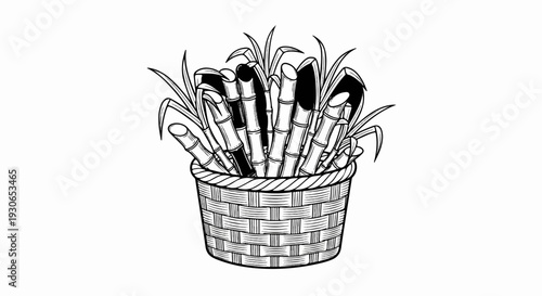 A black and white illustration of a woven basket overflowing with fresh sugar cane stalks and leaves