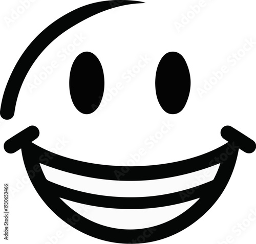 A simple black and white graphic of a smiley face with two oval eyes and a wide grinning mouth