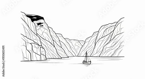 Majestic cliffs frame a tranquil bay where a lone sailboat glides peacefully