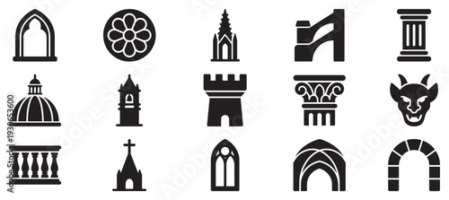 Architectural elements and historical building icons representing various ancient structures, religious symbols, and fantasy motifs.