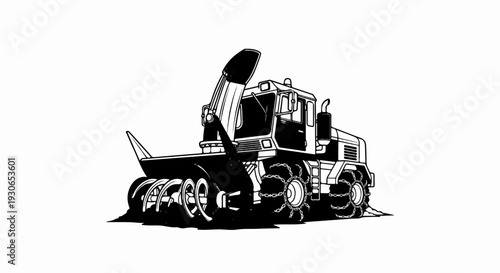 Heavy machinery for snow clearing, featuring a powerful snowblower attachment and large, rugged wheels