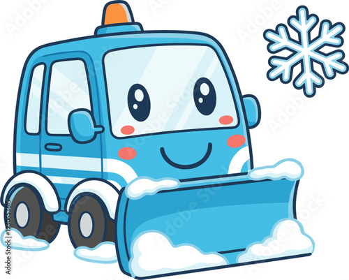 Cute Blue 2D Vector Snowplow Character With Snowflake And Orange Light