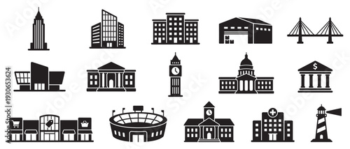 Various architectural buildings and structures icon set collection representing urban life, commerce, government, and public services in a modern silhouette style.