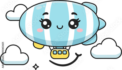 Cute Blue and White Blimp Character Floating Among Clouds with Gondola
