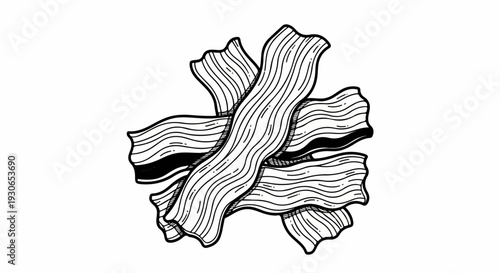 A black and white line drawing depicts several wavy strips of bacon overlapping