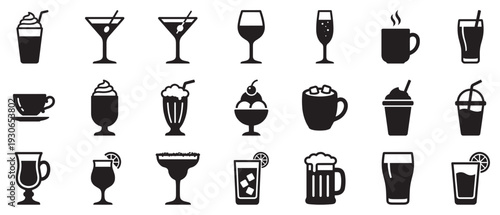 Beverage icons set featuring various alcoholic and non-alcoholic drinks, including coffee, cocktails, and beer, in different glasses, mugs, and cups.