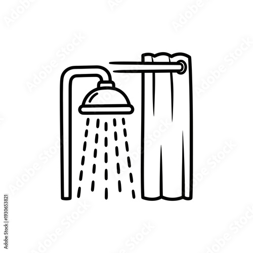Minimalist Black and White Showerhead with Curtain Illustration for Bathroom Decor