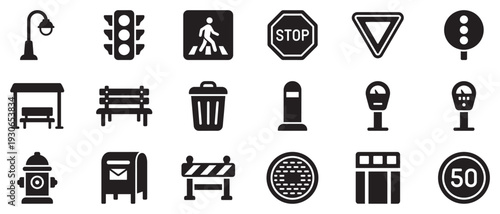 Street and urban elements icons set showcasing essential public infrastructure, traffic control, and city amenity symbols for modern urban environments.