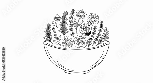 A black and white line drawing of a bowl overflowing with various herbs and flowers