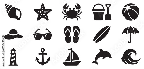 Summer beach icons set featuring various vacation and ocean elements, perfect for travel, holiday, and marine-themed graphic designs.