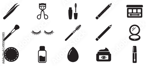 Makeup and beauty icons collection featuring essential cosmetic tools and products for daily routine and personal care.