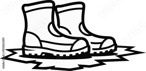 A simple, bold black and white illustration of a pair of sturdy boots standing in mud or water