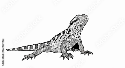 Black and white illustration of a lizard with textured scales and a patterned tail