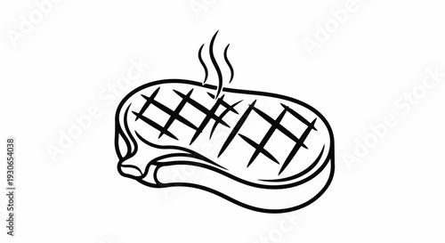 Black and white line art drawing of a grilled steak with grill marks and steam