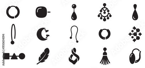 Earring icons set featuring various styles of jewelry, including hoops, studs, and dangles, for fashion and accessory design projects.