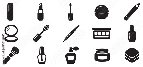 Makeup and cosmetic icons illustrating a comprehensive collection of beauty products for personal grooming and style.