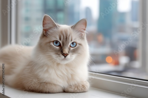 Wallpaper Mural A Birman cat resting on a windowsill with city view softly blurred in background Torontodigital.ca