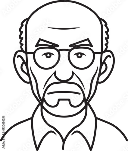 Hand Drawn Old Man Black and White Avatar Illustration in Minimal Line Art Style Design