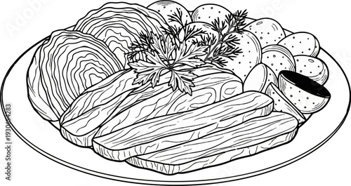 A simple line drawing of a meal featuring sliced meat, cabbage wedges, and potatoes