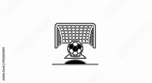 A black and white outline illustration of a soccer goal with a ball centered in front