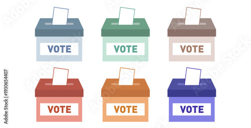 Set of colorful ballot boxes for election voting with paper slips, flat design vector illustration of polling station containers in different colors.