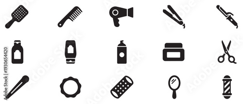 Hair care tools and accessories vector icon set representing various salon and personal grooming items for styling and maintenance.