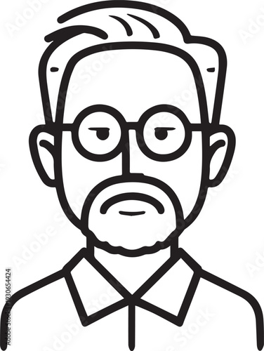 Hand Drawn Old Man Black and White Avatar Illustration in Minimal Line Art Style Design
