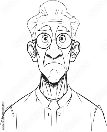 Hand Drawn Old Man Black and White Avatar Illustration in Minimal Line Art Style Design