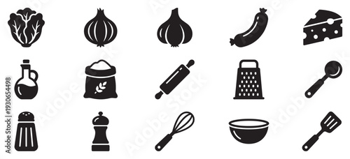 Cooking food ingredients and kitchen utensils are essential elements for preparing delicious meals and culinary creations.
