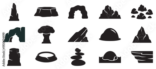 Various natural rock formations and stone structures icons represent different geological elements and landscapes in a simple silhouette style.