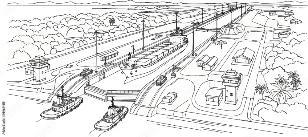 Fototapeta premium Large cargo ship transits canal locks with tugboat assistance and surrounding buildings