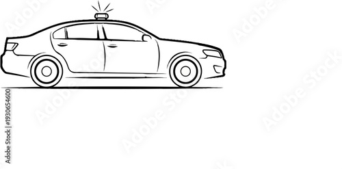Black and white outline drawing of a police car with a light bar on top