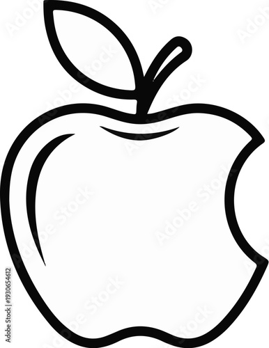 A simplified black and white outline of a stylized apple with a bite taken out of it