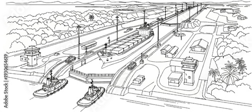 Large cargo ship transits canal locks with tugboat assistance and surrounding buildings