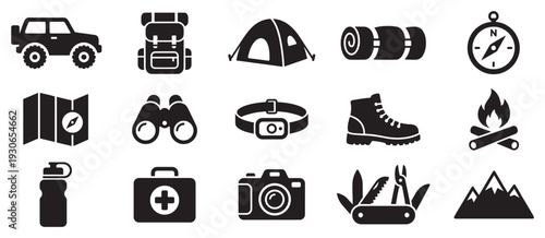 Outdoor adventure camping icons set featuring essential gear for exploration, hiking, and wilderness activities.