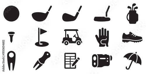 Golf sport icons collection featuring essential equipment and accessories for players on the course, including clubs, balls, and carts.